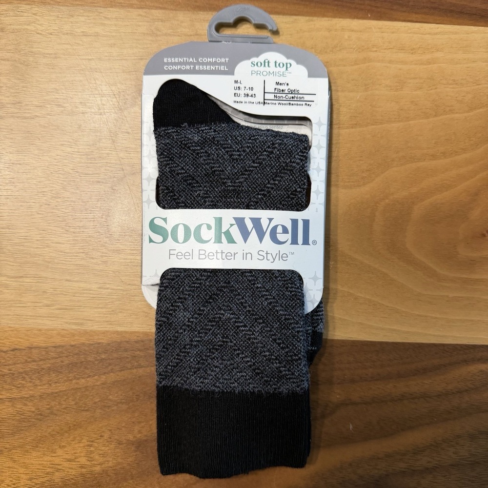 SockWell Socks Mens M-L Black Merino Wool Bamboo Fiber Optic Essential Comfort